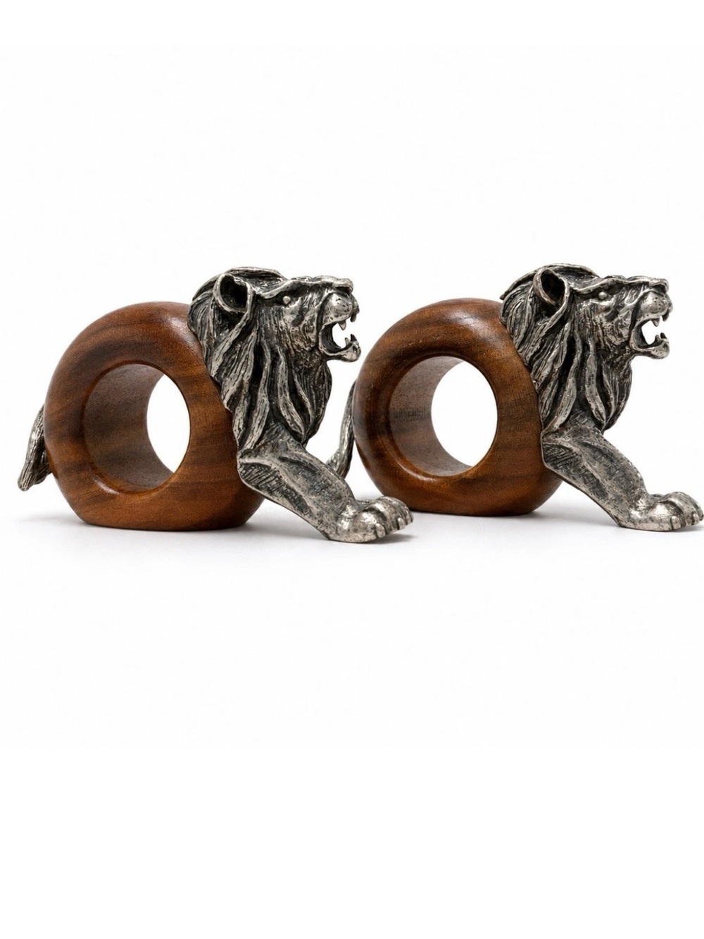 Vintage Makoulpa Paul Gibbs Lion Napkin Rings Set of 2 Pewter Wood Safari